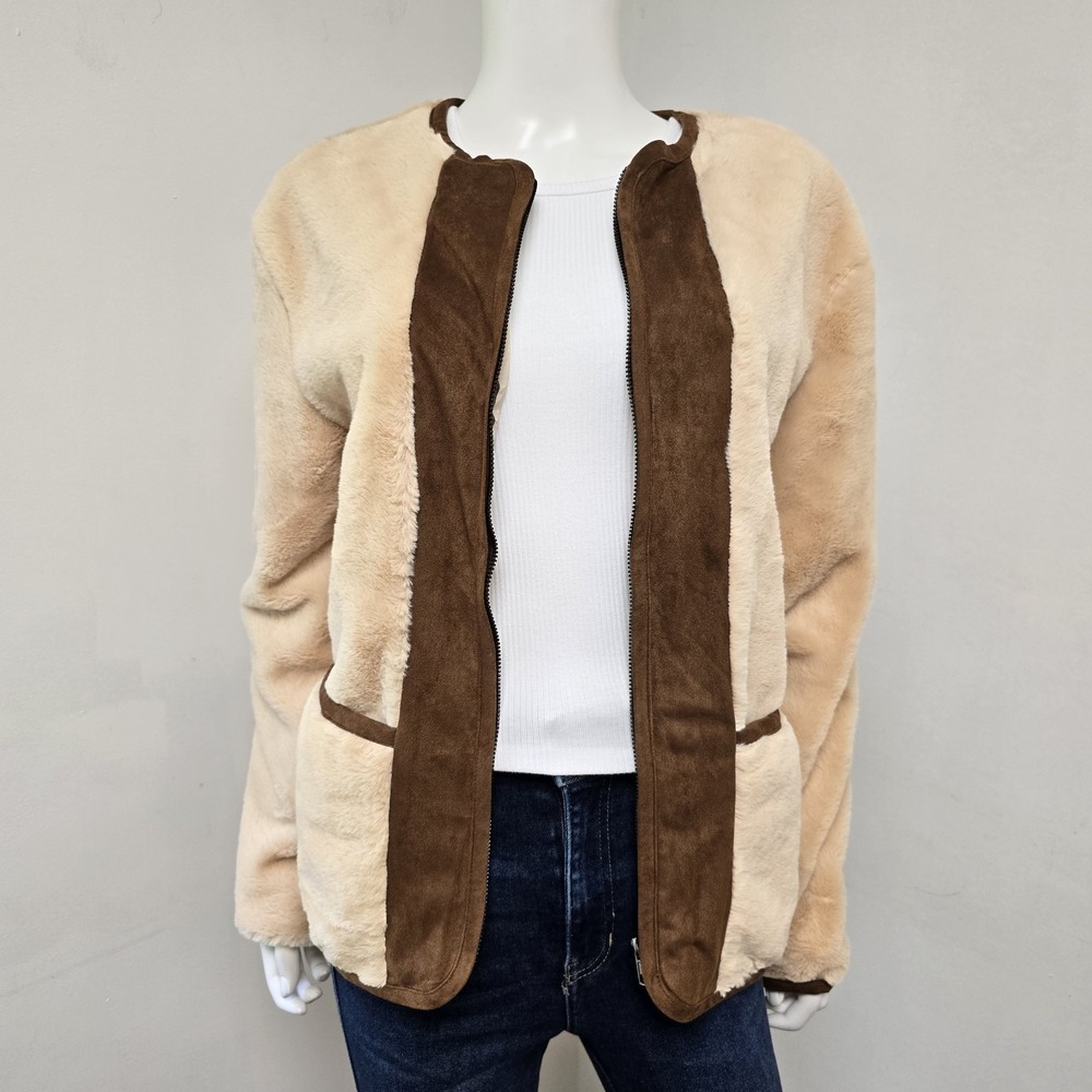 Mittoshop Faux Fur Jacket Faux Suede Elbow Patches Zip Lined Bomber Size M Boho
